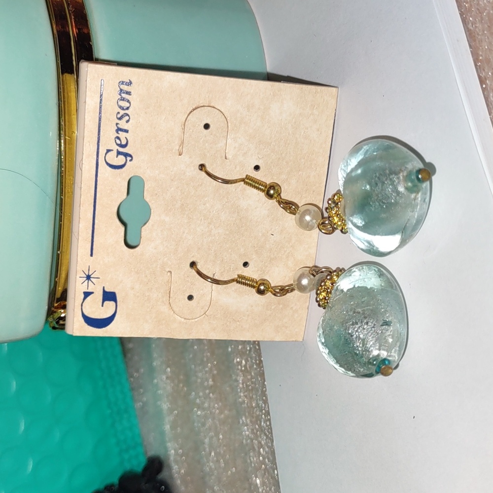 Aqua Glass Heart Dangle Earrings - Picture 4 of 7